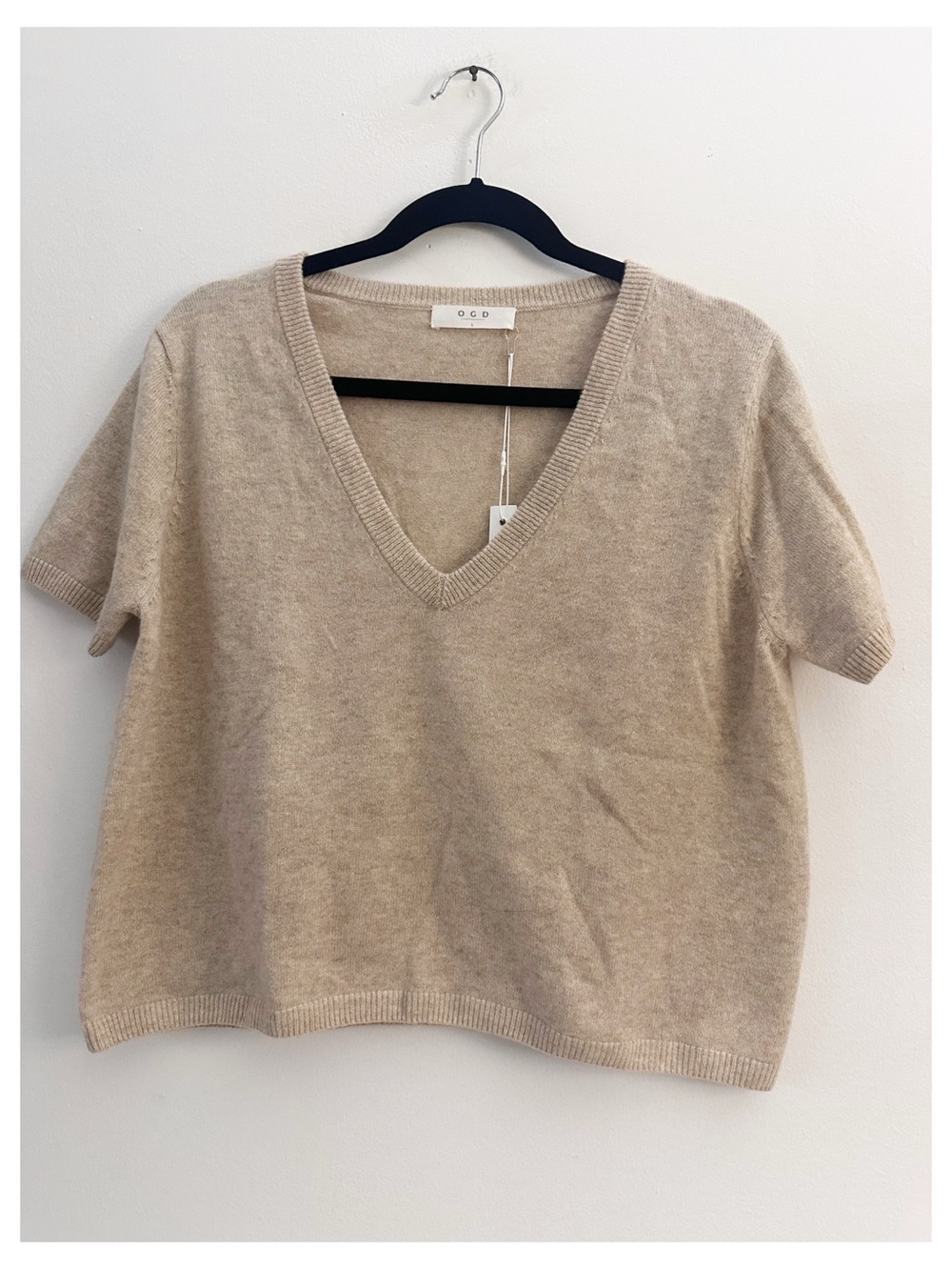 NWT One Grey Day Kardi Cashmere short sleeved VNeck Tee in oatmeal size large